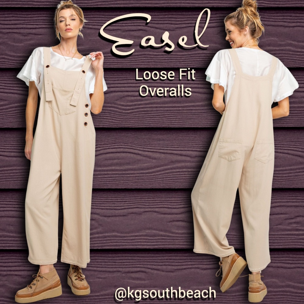 EASEL “Your Way” Linen-Look Loose Fit Adjustable Overalls Pockets Button Closure